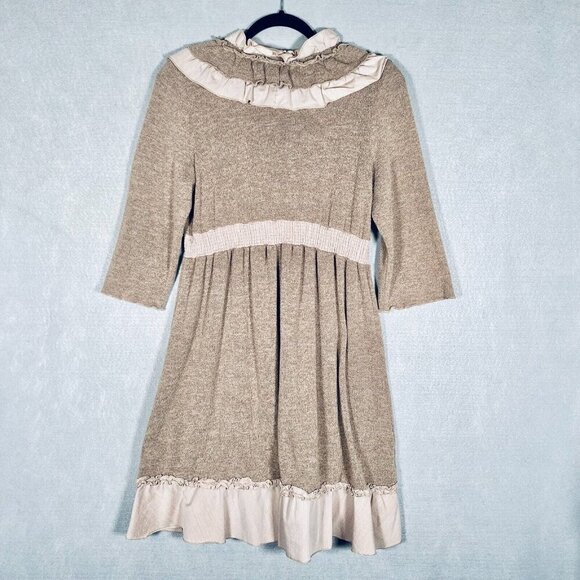 Forla Paris Midi Dress M Beige Cotton Blend Crinkle Pleat Fairycore - Picture 7 of 13